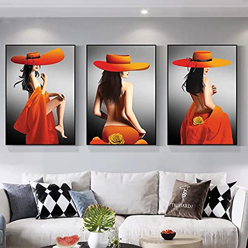 Moderne orangefarbene Kunst, abstrakt, sexy großer Hut, Frau, Poster und Drucke, Leinwandbild, Wandkunst, Bilder für Wohnzimmer, Dekoration, 60 x 90 cm x 3, rahmenlos Cover