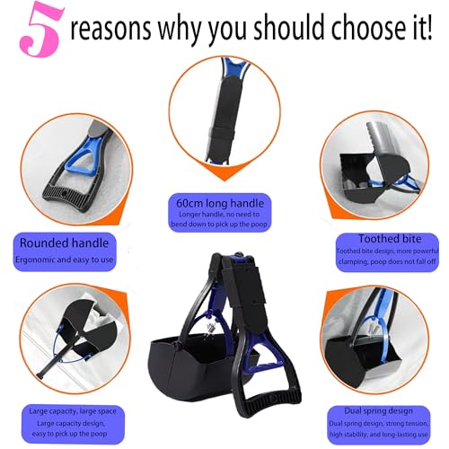 Image of Non-Breakable 24 Inch Portable Dog and Cats Poop Scooper with Foldable Long Handle, 20 Pet Waste Bags & 1 Dispenser, Set for Yard, Grass,Ideal for Large & Small Dogs (Blue)