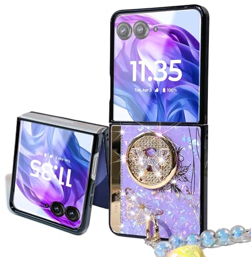 for Samsung Galaxy Z Flip 7 Case Cute Bling Diamond Butterfly Flower Design with Ring Kickstand,Glitter Girly Bead Pearl Phone Strap Phone Case for Samsung Flip 7 Purple