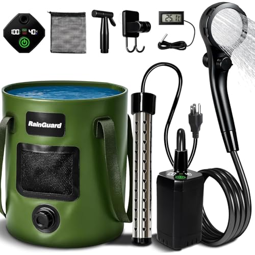 Motivekit™ Portable Camping Shower | 6.6 Gallons Foldable Bucket, 6000mAh Shower Pump, 6' 7' Shower Head, 1500W Immersion Heater, Summer Beach Outdoor Showering Hiking Pet Bath RV Car Wash Water Plant