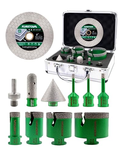 KURSTOL Brocas Diamante Porcelânico Kit 11 peças - 6/6/8/20/35/50/68 mm Brocas, 20 mm morango, 50 mm broca Chaflan, 125 mm disco diamante, adaptador para azulejo de cerâmica porcelana mármore granito