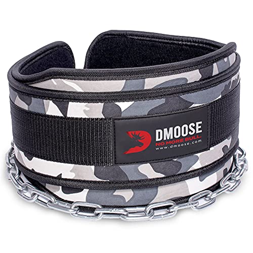 DMoose Fitness Dip Belt with Chain for Weightlifting, Pullups, Powerlifting, and Bodybuilding Workouts, Long Heavy Duty Steel, Comfortable Neoprene Waist Support (Gray Camo)