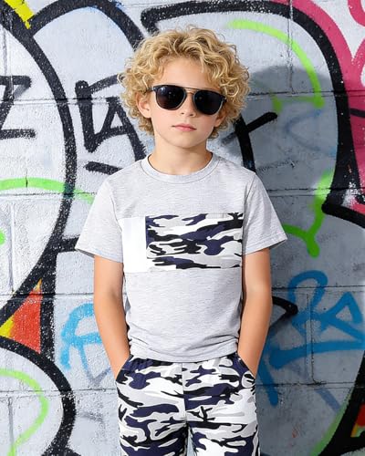 Image of OLMRJKD Boys 2 Piece Outfits Color Block Clothes Short Sleeve T Shirt and Camouflage Pants Summer Clothing Sets