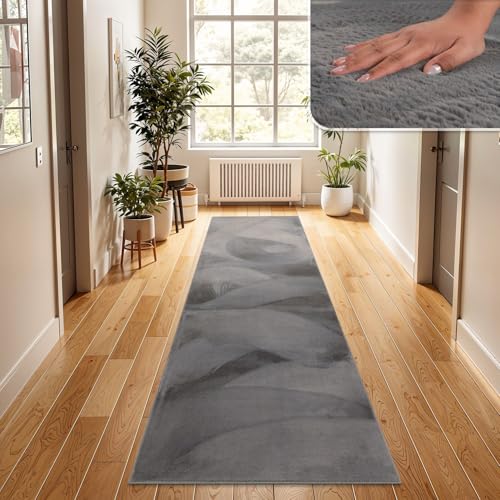 TT Home Alfombra De Pelo Largo para Salón, Lavable, Shaggy Suave, Gris Antracita, Tamaño:80x300 cm