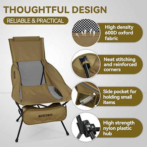 Image of MARCHWAY Lightweight Folding High Back Camping Chair with Head Support, Stable Portable Compact for Outdoor Camp, Travel, Beach, Picnic, Festival, Hiking, Backpacking (Highback Khaki)