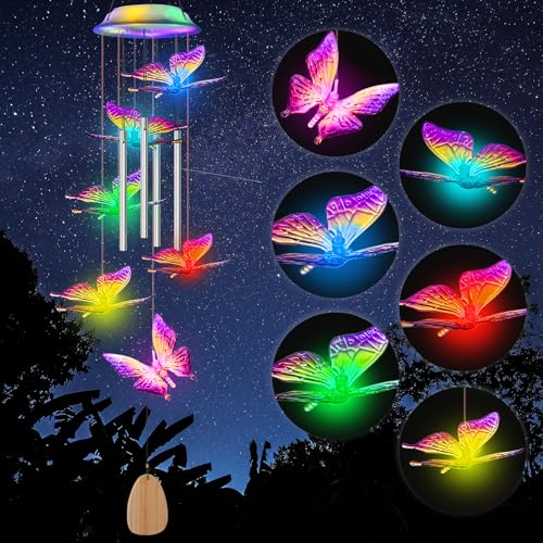 Qoosea Carillon Éoliens Solaires, Carillon a Vent Papillon Exterieur Changement De Couleur avec Tubes en Aluminium, LED Lampe Étanche Solaire Carillon Decor pour...
