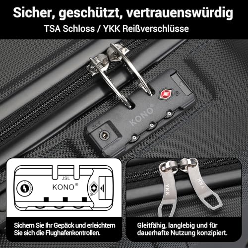 KONO Trolley Koffer Mittelgroß 4 Rollen Leicht Hartschalenkoffer Reisekoffer mit TSA Schloss, 65x44x25.5cm, 61Liter, Zwillingsrollen Rollkoffer, ABS Hartschale (Schwarz, L)