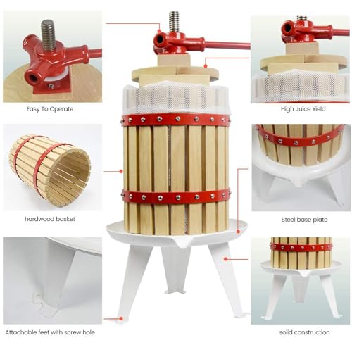 Presse à fruits manuelle avec pieds en acier robuste - Facile à utiliser - Avec filtre et bois massif pour vin et jus - Idéal pour les magasins de jus