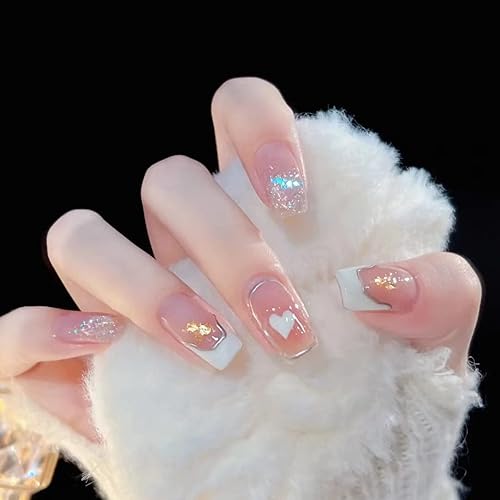 Uñas postizas francesas a presión con corazón con purpurina corta con diseño de diamantes de imitación uñas postizas de bailarina uñas acrílicas