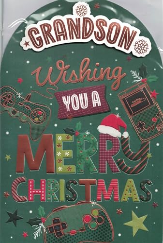 Grandson Christmas Card Large 24 x 16 cm Gamer/Video Game Controller Design (Green) Wishing You a Merry Christmas Grandson Xmas Card with Envelope