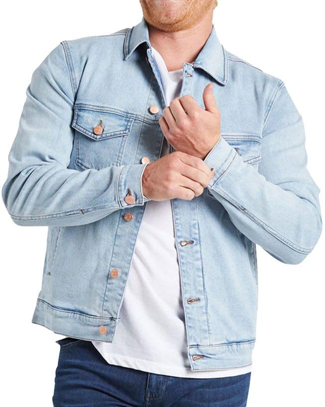 Image of Mugsy Men's Denim Jacket, Classic Fit, Stretch Denim Jacket for Men, Comfortable, Flexible Outerwear, True to Size