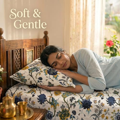 Image of Mafatlal Saanjh 144 TC Pure Cotton Single Bedding Set 90x60 Inch | Floral Artwork Design | Smooth Texture Finish | Lightweight Air Circulation | Hand Crafted | Pillowcase Included | Multihued