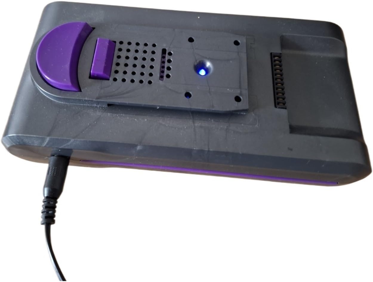 The GHCFWKU H015R battery connected to a charging cable, with a blue indicator light illuminated, signifying charging.