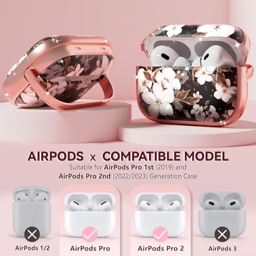 Image of Inesore for AirPods Pro 2nd /1st Case (2023-2019)-Black Gold Flower | with Safty Lock,Two-Piece Design,with Gold Keychain & Clean Pen,Support Wireless Charging,Cute Luxury Case for Women Girly