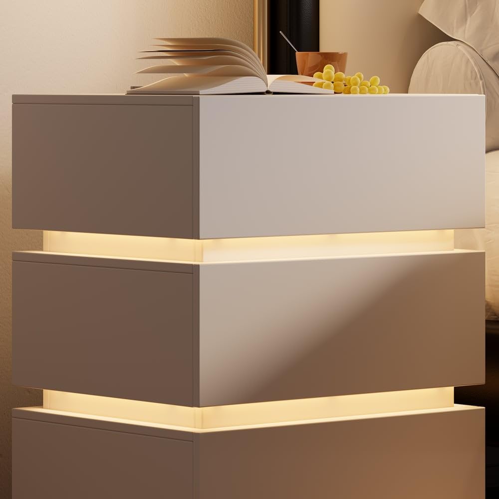 homary Comodino moderno con stazione di ricarica wireless, comodino con 3 cassetti, comodino bianco con luce LED