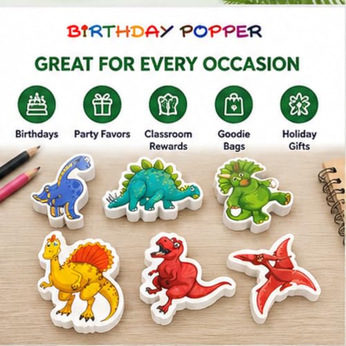 Image of Birthday Popper Birthday Return Gift for Kids Dino Erasers, 36 Pcs | 5 mm thick erasers; assorted cartoon dinosaur shapes; suitable for classroom rewards, stationery and school supplies