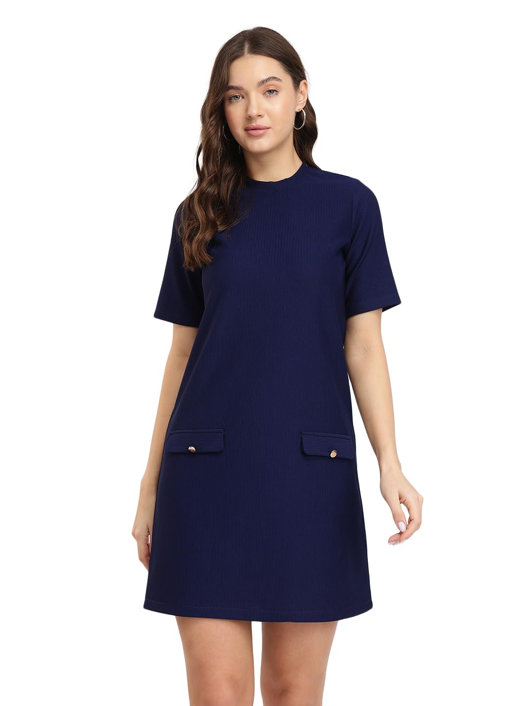 fablestreet Women Formal Dress | Round Neck Shift Fit Short Sleeve Solid Pattern | Rib Knit Fabric with Decorative Buttons & Faux Pockets for Workwear & Business Casual-picture-17