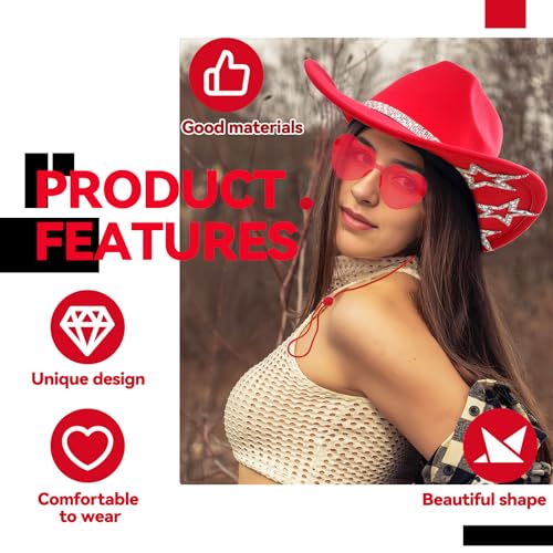 Image of SHENYI Cowgirl Hat and Bandana and Heart Sunglasses Glitter Rhinestone Star Cowboy Hat Western Sparkly Hats for Women Men