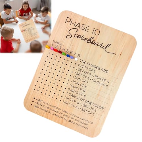Tablero de puntuación Phase 10 de madera 2025 con 8 clavijas de colores miniatura 1