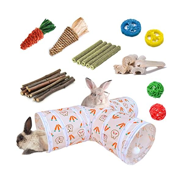 Hercocci bunny tunnels & tubes, collapsible 3 way rabbit hideout tunnel with chew toys for rabbit bunny guinea pig ferret kitten