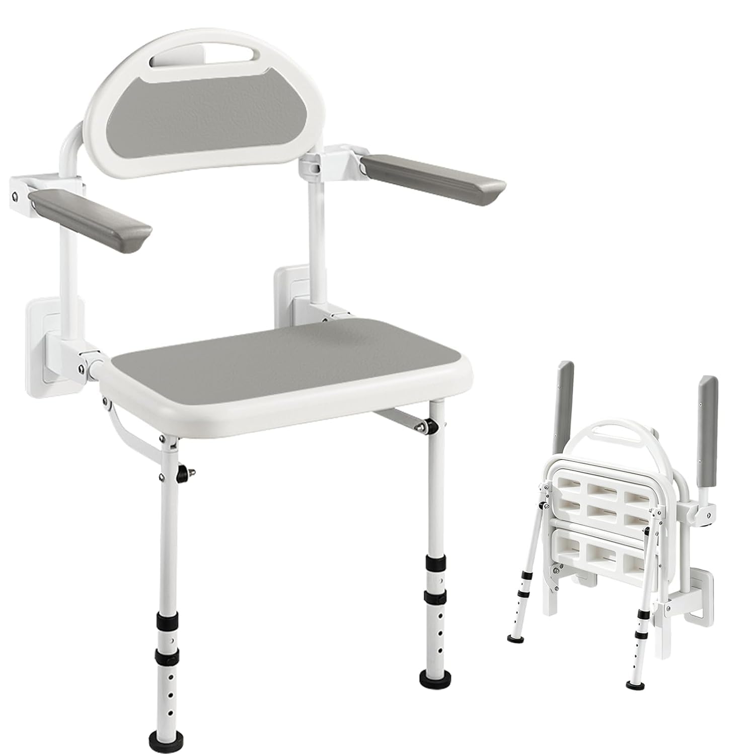 Silla Ducha para Personas Mayores y Discapacitadas, Asiento de Ducha Plegable de Pared con Reposabrazos y Respaldo, Asiento de Baño Altura Ajustable, Carga de 150 kg
