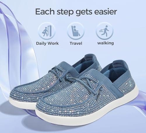 Image of BELOS Women's Rhinestone Lace Up Loafers Shoes Comfortable Slip On Mesh Knit Walking Shoes Fashion Lightweight Sparkly Glitter Sneaker