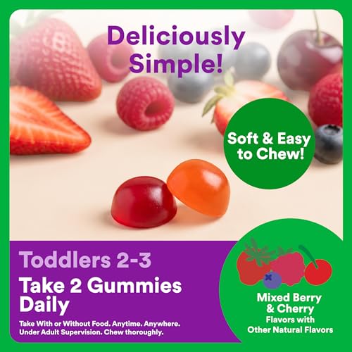 SmartyPants Toddler Organic Multi & Omegas Multivitamin Gummies with Omega 3 ALA, Vitamins D3, C, B12, B6, A, K, Zinc, Biotin, Clean Label, Mixed Berry and Cherry Flavors, 60 Gummies (30 Day Supply) - image 7