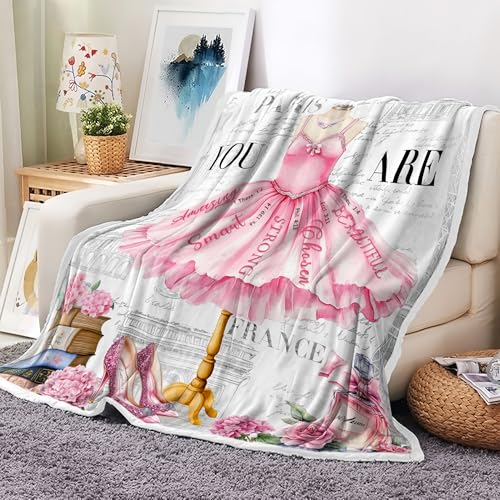Image of Paris Pink Dress Floral Flannel Throw Blanket, Vintage Eiffel Tower Perfume High Heel Cozy Decor Blanket for Couch Bedroom Camping, Gift Blanket for Women Girls Home Fans,60X70 Inch