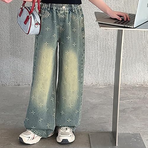 Girls Baggy Jeans Wide Leg Cute Pattern Denim Pants Y2K Teens Elastic Waist Casual Loose Trousers with Pockets4