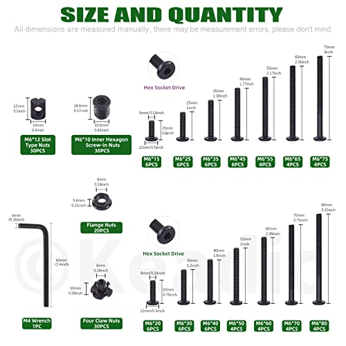 Keadic 181 Pcs M6 Black Furniture Screw Hardware Replacement Kit Contains Hex Socket Cap Bolts Barrel Nuts, Wood Thread Nutsert, Four Claws T-Nuts And Flange Nuts For Cots Beds Table Crib #TOP1