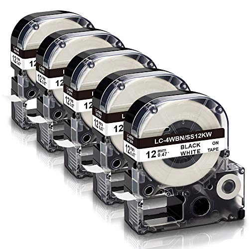 Absonic - Nastro di ricambio per etichettatrici LK-4WBN LC-4WBN LC 4WBN9 SS12KW per Epson LabelWorks LW300 LW400 LW500 LW700, nero su bianco, 12 mm x 8 m, confezione da 5