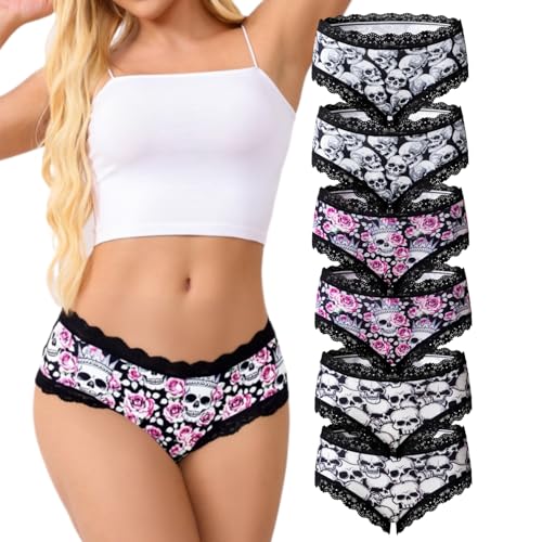 Women Underwear 6pcs Gothic Sexy Lingerie Lace Low Rise Bikini Hipster Pantie Comfortable Undie Skull Print Underpant