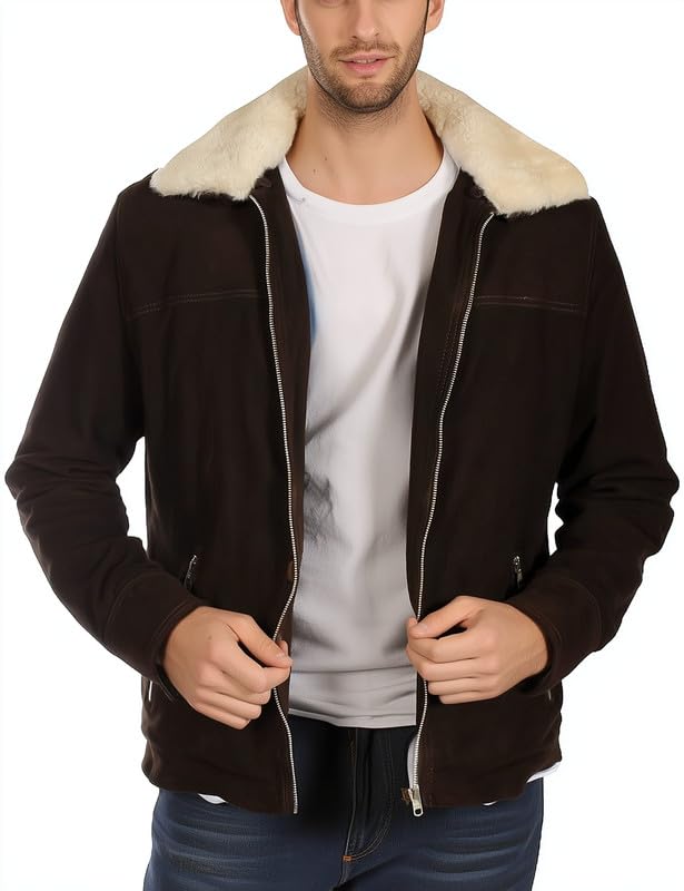 Men's Suede Leather Jacket with Shearling Collar – Rick Grimes Walking Dead Style Western Winter Coat2