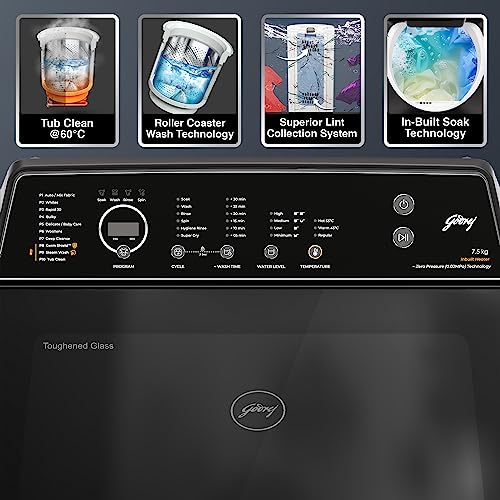 Image of Godrej 7.5 Kg 5 Star Inbuilt heater with Steam Wash & Germ Shield Technology Fully-Automatic Top Loading Washing Machine (2023 Model, WTEON VLVT 75 5.0 FDTS MTBK, Metallic Black)