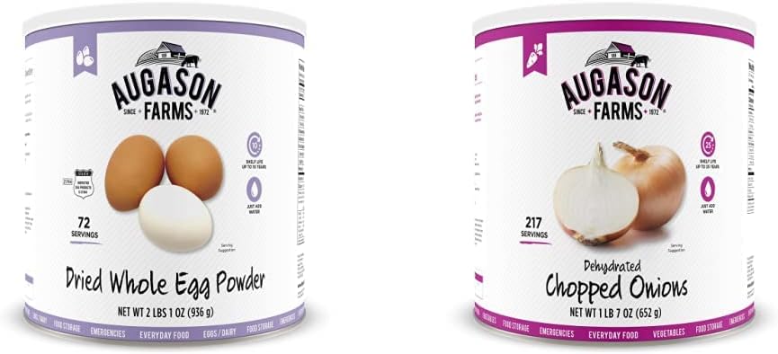Augason Farms Dried Whole Egg Product 2 lbs 1 oz (Pack of 1) & Dehydrated Chopped Onions No. 10 Can, 1 lb 7 oz (652 g) (5-12000)