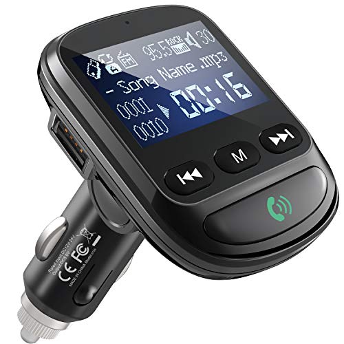 Clydek QC 3.0 Transmisor FM Bluetooth, Adaptador de Radio Manos Libres Reproductor MP3 Transmisor FM para Coche, Pantalla de 1.44 Pulgadas, 2 Puertos USB, Disco U/Tarjeta TF, Entrada y Salida AUX