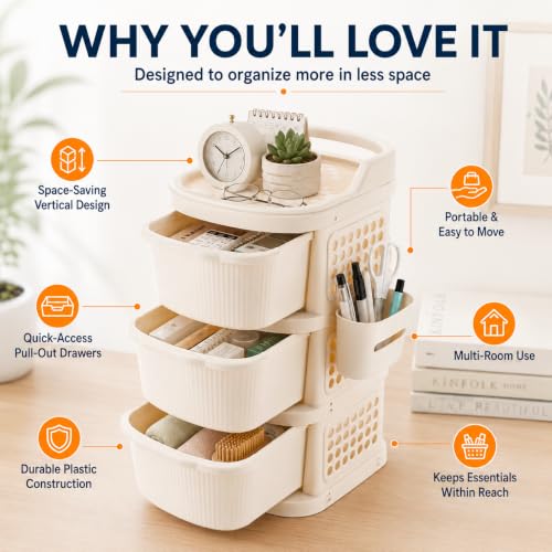 Image of Homeor 3 Tier Plastic Storage Drawer Cabinet with Wheels | Modular Chest of Drawers Organizer with Side Basket & Handle | Storage Trolley Rack for Home, Kitchen, Bedroom, Office, Kids Room (Ivory)