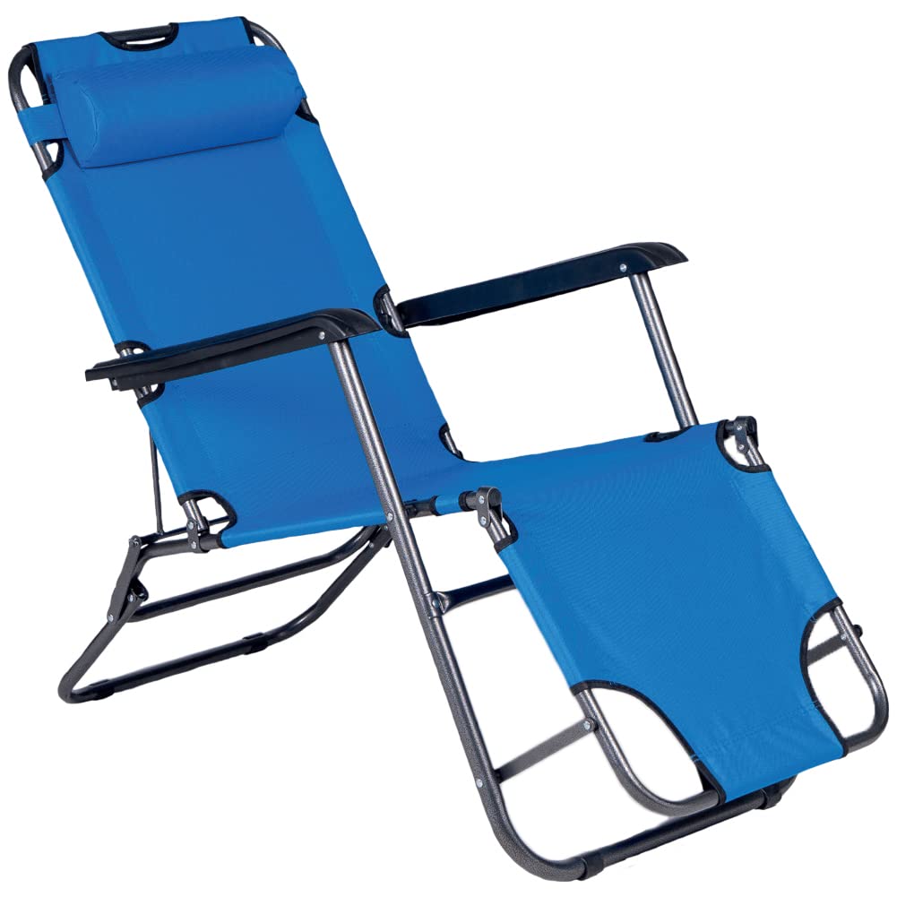 BAKAJI Sedia Sdraio Reclinabile in Lettino Prendisole Esterno Giardino Poltrona Relax Pieghevole in Metallo e Tessuto Oxford Traspirante con Poggiatesta Imbottito Terrazzo Piscina Spiaggia (Blue)
