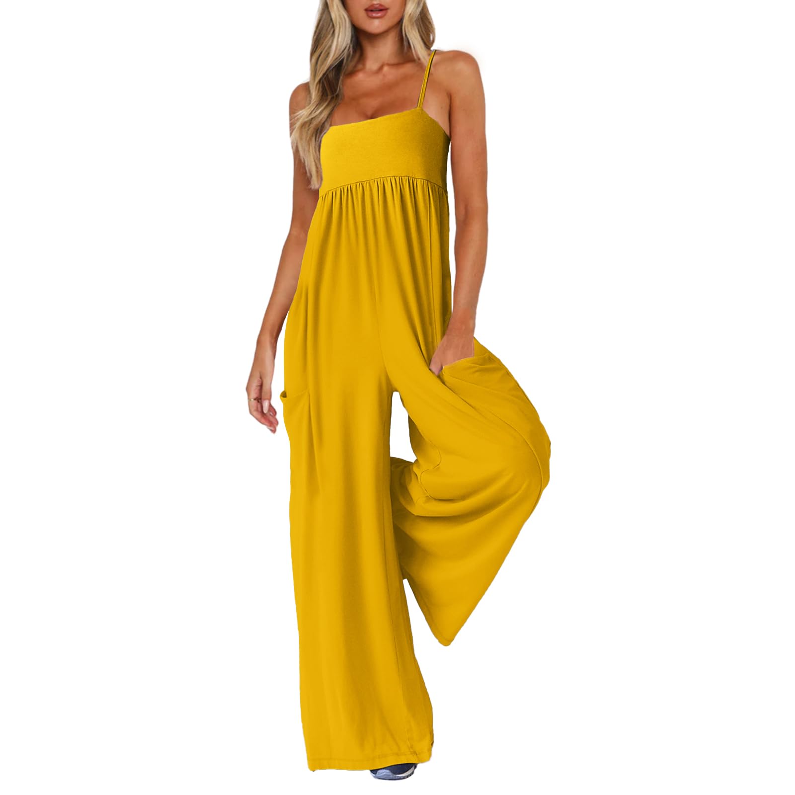 Jumpsuits for Women Spaghetti Strap Wide Leg One Piece Overalls Summer Rompers with Pockets Beach Vacation Casual-image-39