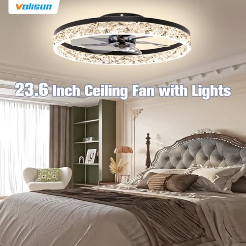 Image of VOLISUN Fandelier Ceiling Fans with Light, 23.6in Low Profile Ceiling Fan with Light and Remote, 3000K-6500K Dimmable Bladeless Ceiling Fan Flush Mount, Black Modern Ceiling Fan with Light for Bedroom