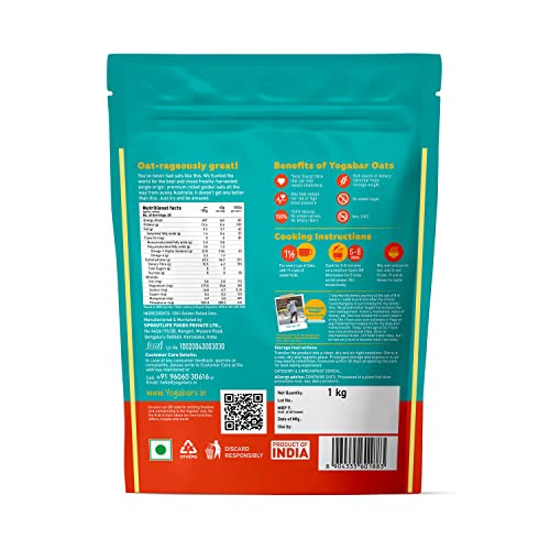 Image of Yogabar 100% Rolled Oats 1 kg Pouch | Premium Golden Rolled Oats, Gluten Free Oats with High Fibre, Non GMO | Healthy Food with No Added Sugar | Diet Food for Weight Management - 1 kg
