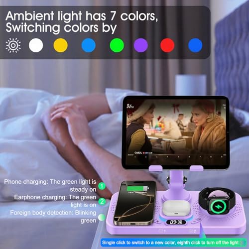 Image of 30W Charging Station for Apple Products, Foldable Wireless Charger with Clock Display&7 Color Light, Wired Charging for iPad /Tablet Charging Station for iPhone17, for Apple Watch11 for AirPods4(Purple