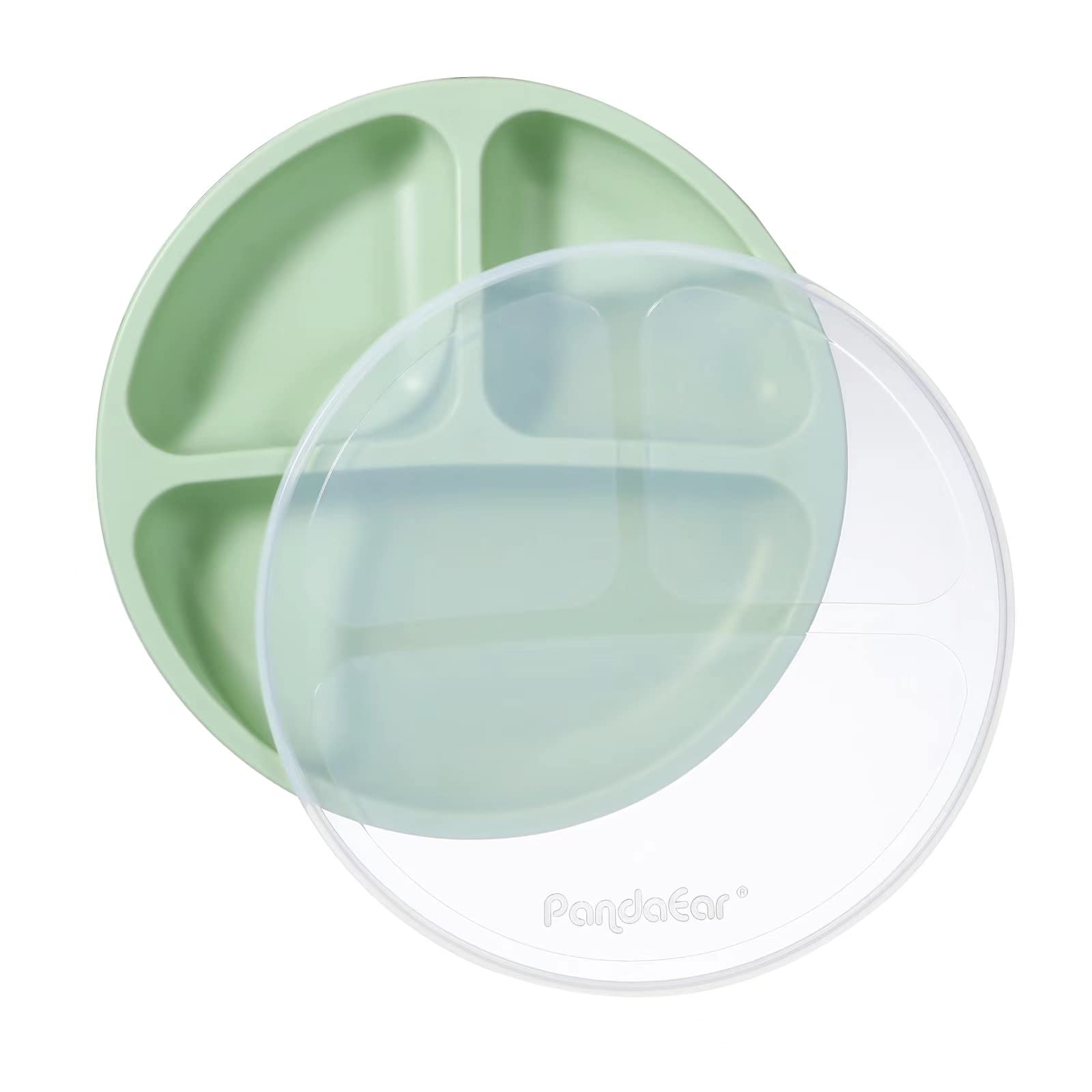 PandaEar Assiettes à succion en silicone pour bébés et tout-petits, lot de 3 assiettes divisées incassables avec couvercle - Lavable au lave-vaisselle et au micro-ondes (Rose Vert Beige clair)