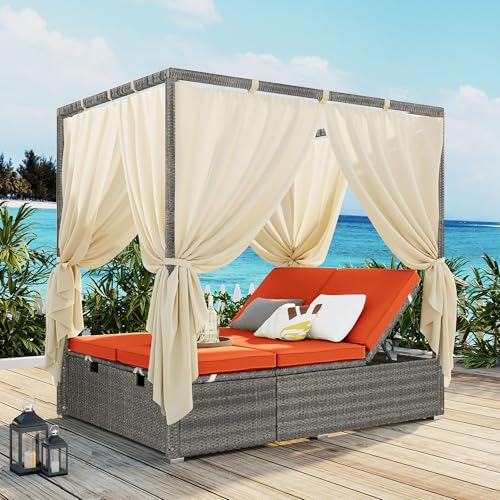 LUMISOL Outdoor Daybed with Canopy, Adjustable Sun Lounger with Multi-Position Recline & Removable Cushion, Wicker Rattan Sunbed Daybed for Patio, Garden, Poolside, Orange