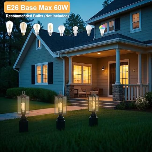 LIT-PaTH Outdoor Post Light, Pole Light with E26 Medium Base, Stainless Metal Housing Plus Glass, Outdoor Post Lighting Fixture for Garden Patio Porch, Matte Black Finish, Bulb Not Included, 1-Pack