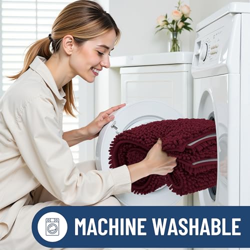 Smiry Luxury Chenille Bathroom Rugs 24x16, Extra Soft and Absorbent Shaggy Bath Mat, Machine Washable, Non-Slip Plush Carpet Runner for Tub, Shower, and Floor, Home Decor Accessories, Burgundy