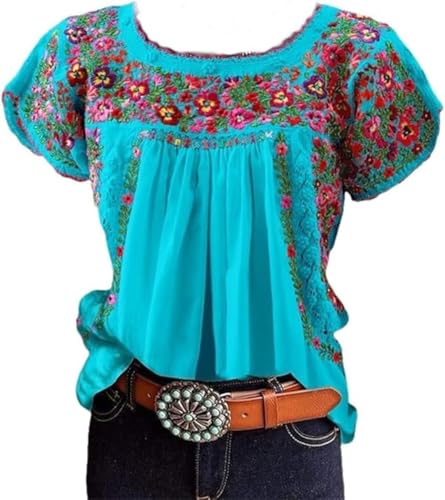 Women's Mexican Floral Embroidered Tops Summer Short Sleeve Pleated Peasant Blouses Casual Loose Crew Neck Shirt
