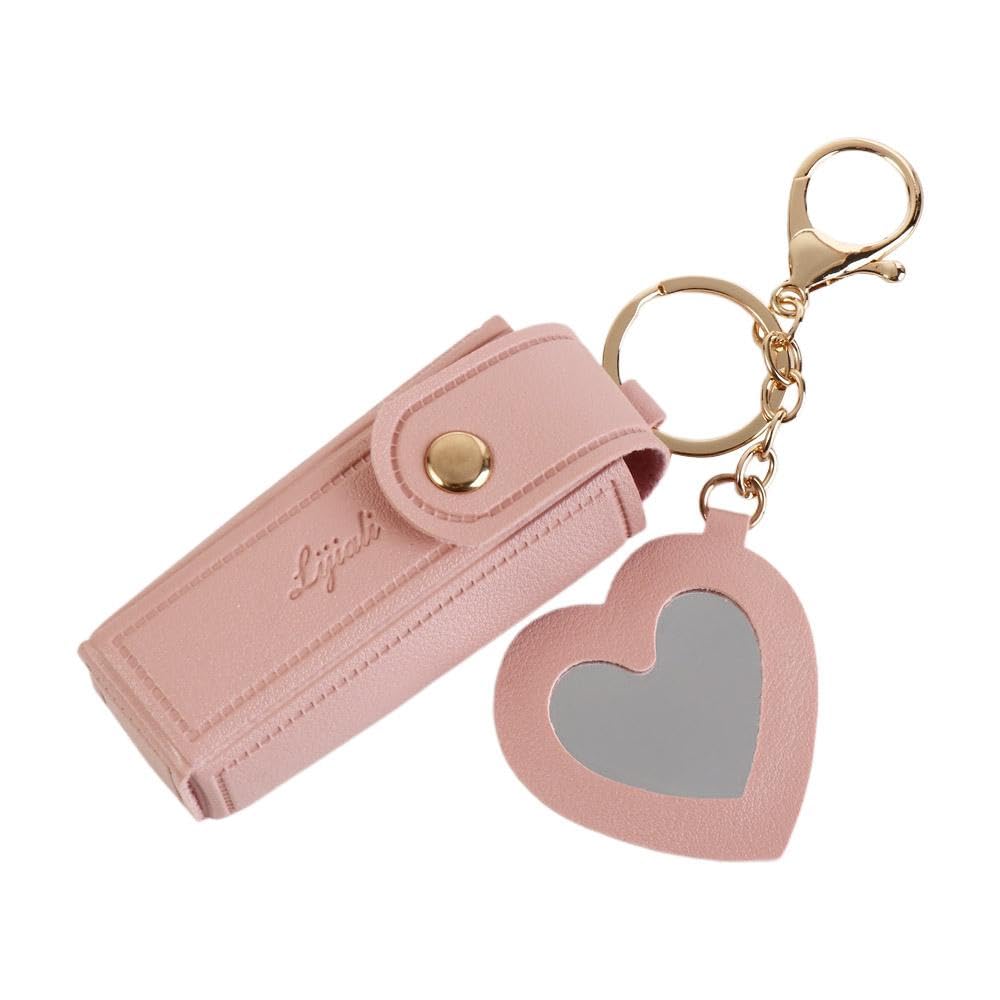 Portable Lipstick Holder Keychain PU Leather Lipstick Case with Mirror Lip Balm Organizer Holder for Women Girls(pink)