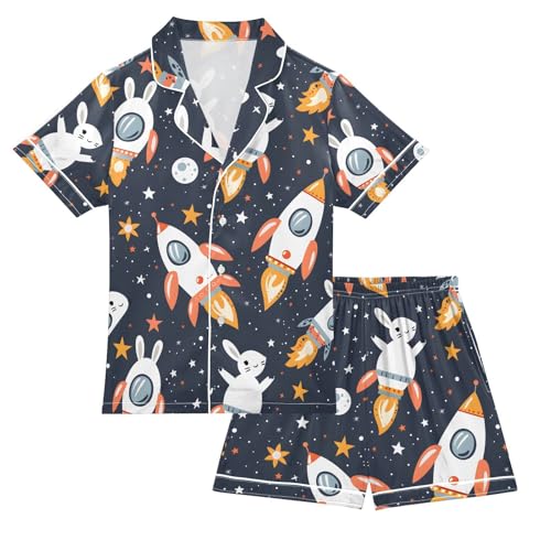 ALAZA Space Bunny Spaceship Rabbit Pajamas Satin Pajama Set Short Sleeve Button Down Sleepwear