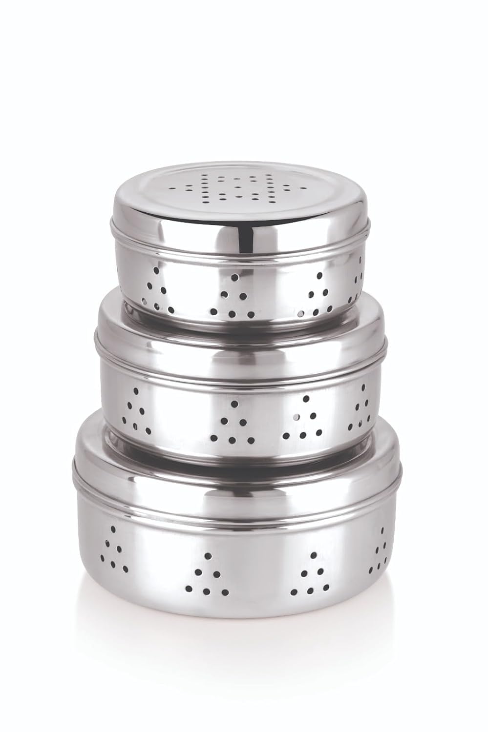 AIRA Stainless Steel Hole Dabba with Air Ventilation, Food Storage Containers, Puri, Dhaniya, Sprout Maker, Dryfruits, Chocolates, Set of 3 - Silver (B0CV5PSYTD) Amazon Price History, Amazon Price Tracker